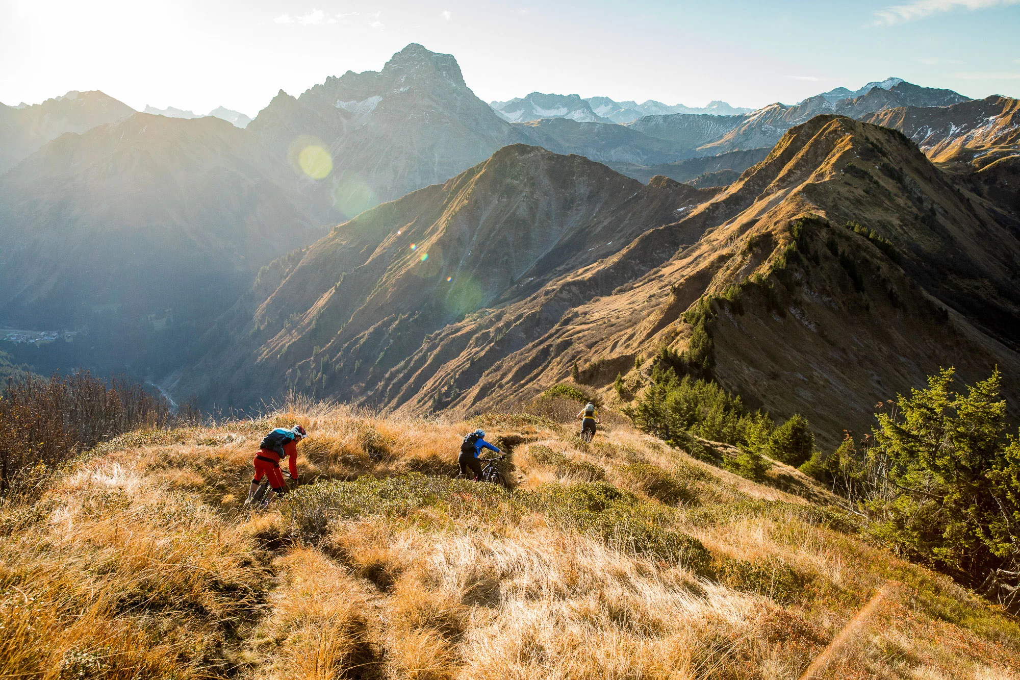 Mountainbiker in voller Bewegung auf technischem Trail